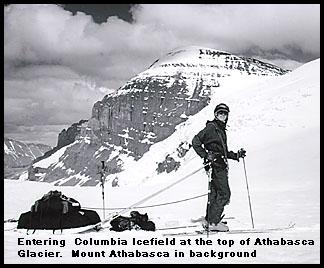 Lisa entering Columbia Icefield, Mount Athabasca in background.