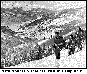 10th Mountain soldiers backcountry skiing at Camp Hale, 1943.
