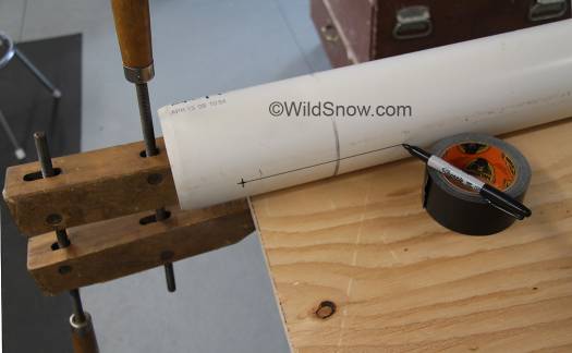 To place machine screws for centering core, draw a triad of straight lines on the shell, using workbench as a guide simply slide marker along on a spacer, in this case I set the marker on my roll of tape.