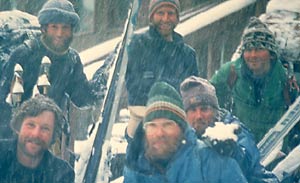 In Snowmass after Elk Mountains Traverse, winter 79/80, clockwise from top left: Ted Keresote, Richard Compton, Frank Coffee, Louis Dawson, John Quinn, Peter Kelley.