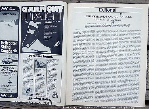 Dawson first published article, Powder Magazine 1977.